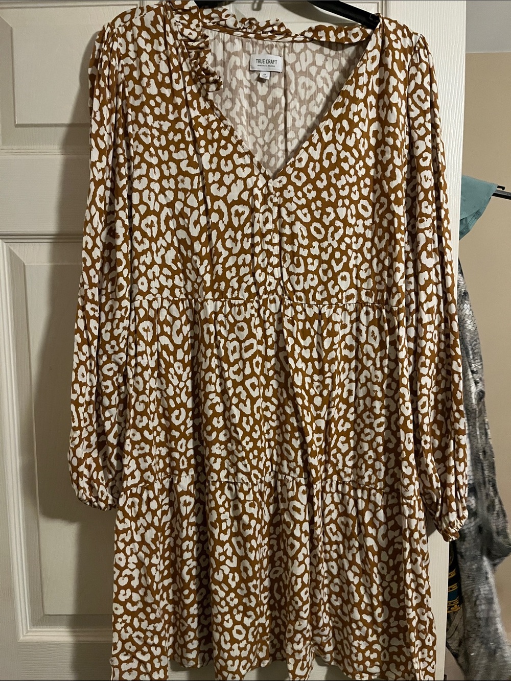 True Craft Tan and White Animal-Print Tiered V-Neck Dress